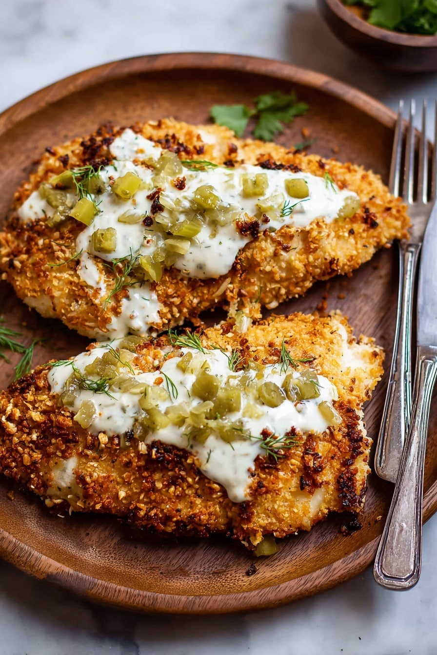Two crispy breaded chicken pieces are placed on a round wooden plate on a white marbled surface. The chicken has a golden brown crunchy coating with visible toasted breadcrumbs and some darker browned spots showing crispiness. On top, there is a layer of white creamy sauce spread unevenly in blobs, sprinkled with small green pickles cut into tiny pieces and fresh green herb leaves. The sauce has a slightly thick texture, contrasting with the crunchy chicken. A fork and knife are placed to the right on the white marbled surface. photo taken with an iphone --ar 2:3 --v 7 - Dill Pickle Parmesan Chicken, crispy chicken with dill pickle flavor, quick chicken dinner, air fryer chicken recipes, cheesy chicken recipes