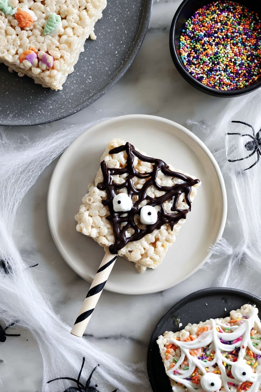 The image shows a white plate with a single rice crispy treat on a striped stick positioned in the center, decorated with white icing, dark chocolate drizzle in a web pattern, tiny white marshmallows on top, and candy eyes to look like a spider web face. To the right side of the plate is another rice crispy treat with white icing and colorful Halloween-themed sprinkles. In the upper right corner, there is a small black bowl filled with the same colorful sprinkles. On the left side of the image, there is a gray plate with plain rice crispy treats, and the whole scene is set on a white marbled surface with soft cobwebs around the edges. photo taken with an iphone --ar 2:3 --v 7 - Halloween Rice Krispie Treats with Chocolate Drizzle and Straws, festive Halloween treats, easy Halloween party snacks, chocolate drizzled rice krispie treats, Halloween dessert ideas