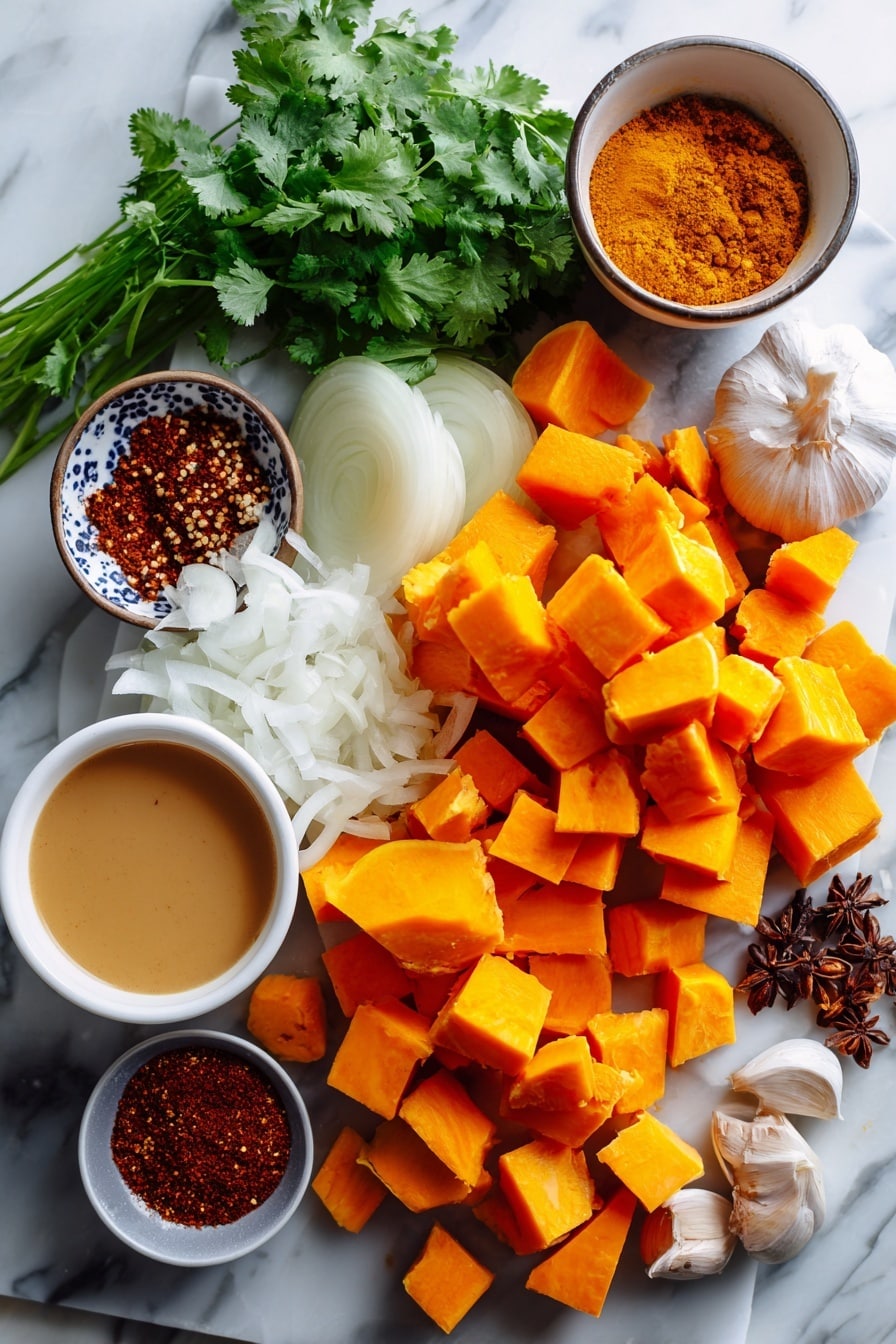 Flat lay of peeled and chopped butternut squash chunks, sweet potato pieces, sliced yellow onion half moons, whole garlic cloves, a small heap of ground cumin, cinnamon, chili powder, and chili flakes, alongside a small pile of fresh coriander leaves and a drizzle of creamy coconut milk, all beautifully arranged on a white marble surface, photo taken with an iphone --ar 2:3 --v 7 - Creamy Roasted Butternut Squash and Sweet Potato Soup Coconut Milk, roasted butternut squash sweet potato soup, healthy vegan butternut squash soup, comforting fall soup recipes, easy coconut milk vegetable soup