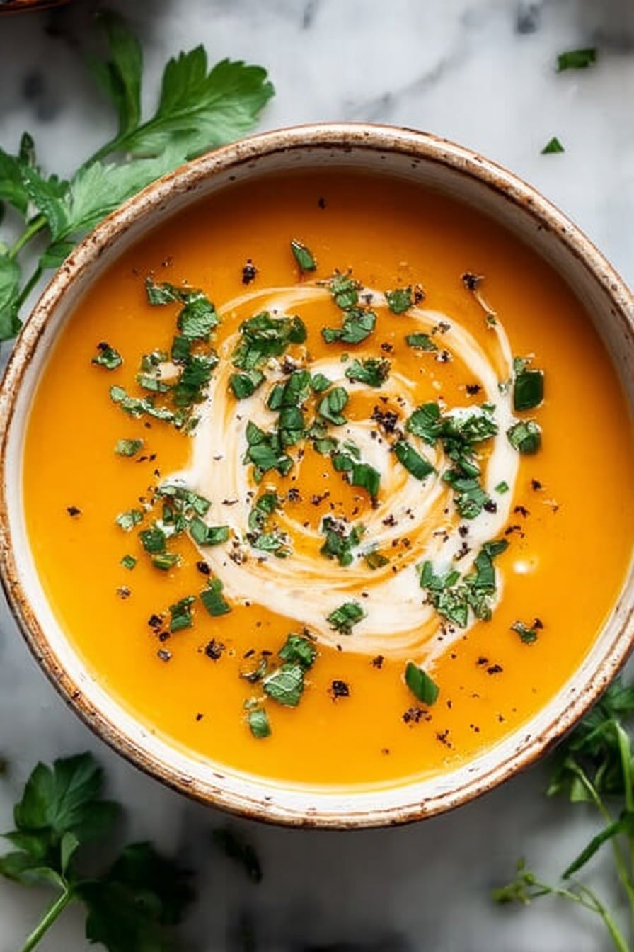 A smooth orange soup fills a round white bowl with a rustic rim, topped with a swirl of white cream in the center. Bright green chopped herbs and crushed black pepper are scattered on top, adding texture and color contrast. The bowl rests on a white marbled surface with fresh green herbs partially visible around it. Photo taken with an iphone --ar 2:3 --v 7 - Creamy Roasted Butternut Squash and Sweet Potato Soup Coconut Milk, roasted butternut squash sweet potato soup, healthy vegan butternut squash soup, comforting fall soup recipes, easy coconut milk vegetable soup