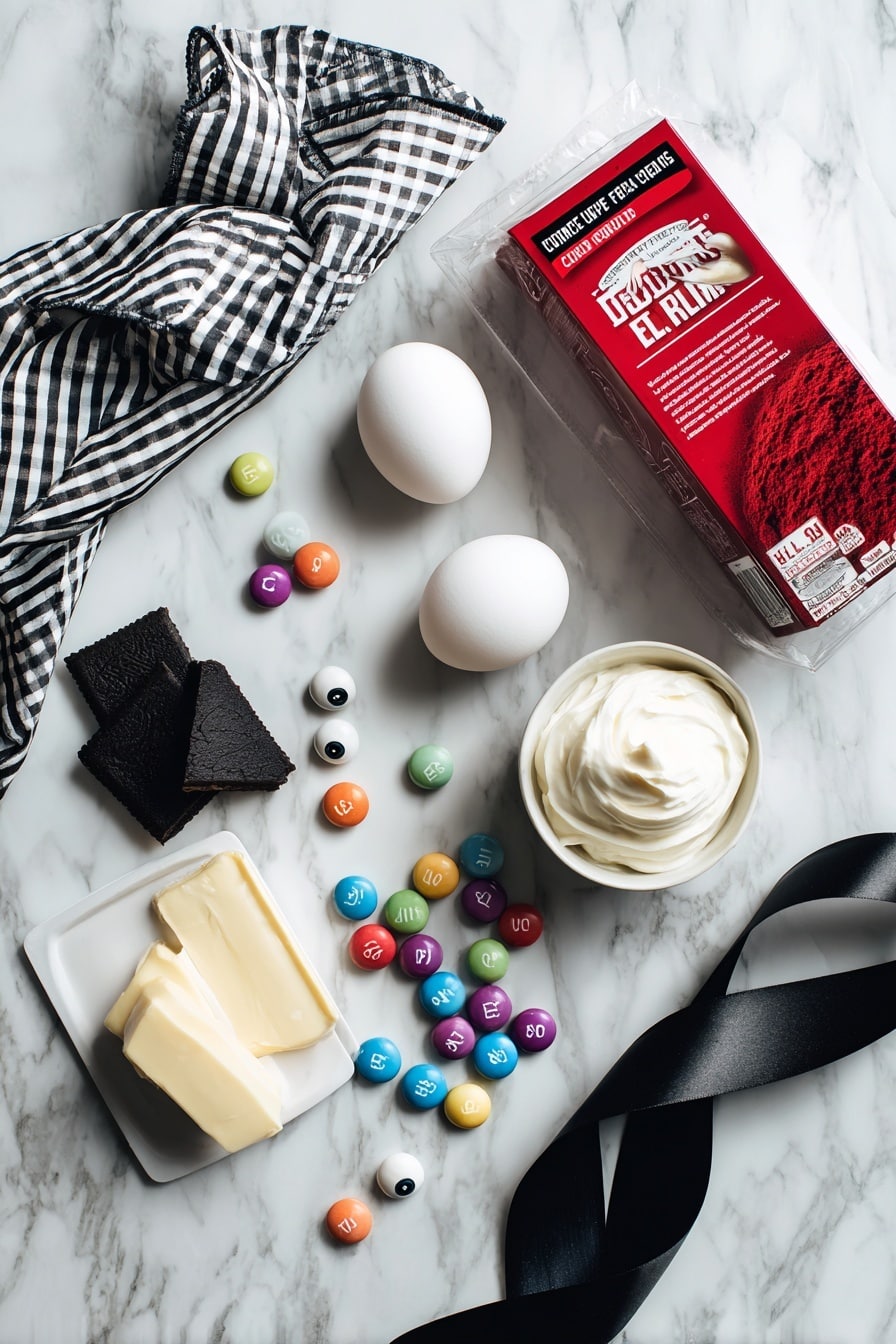 Flat lay of red velvet cake mix box, large eggs, cream cheese frosting, white chocolate candy melting wafers, black gel food color, vegetable shortening, colorful candy eyeballs, and black and white ribbon pieces, all beautifully arranged with pops of vibrant color and texture, placed on a white marble surface, photo taken with an iphone --ar 2:3 --v 7 - Halloween Cake Pops, Halloween Cake Pops Recipe, spooky cake pops for Halloween, easy Halloween cake treats, Halloween party desserts