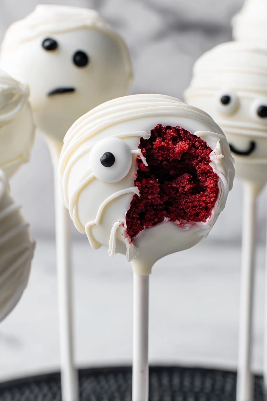 A close-up of a white cake pop with a rough red cake center visible where a bite was taken, covered in a smooth white coating with thin drizzled lines around it, and decorated with a small white candy eye with a black dot on one side. The stick holding the cake pop is white, and in the background, there are other white cake pops with different simple facial designs on them, all placed on a black textured surface against a white marbled background. photo taken with an iphone --ar 2:3 --v 7 - Halloween Cake Pops, Halloween Cake Pops Recipe, spooky cake pops for Halloween, easy Halloween cake treats, Halloween party desserts