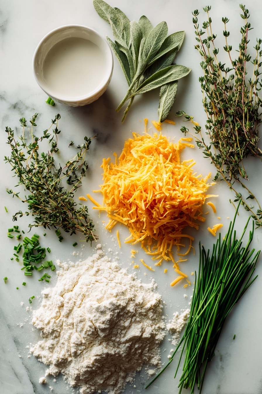 Flat lay of fresh sprigs of thyme, rosemary, and sage, bright green chopped chives scattered around, a neat pile of shredded sharp cheddar cheese with rich orange tones, a small bowl of creamy buttermilk, and a mound of all-purpose flour lightly dusted nearby, all beautifully arranged on a white marble surface, photo taken with an iphone --ar 2:3 --v 7 - Cheddar and Herb Soda Bread, easy soda bread recipe, homemade savory bread, quick bread with herbs and cheese, rustic herb bread