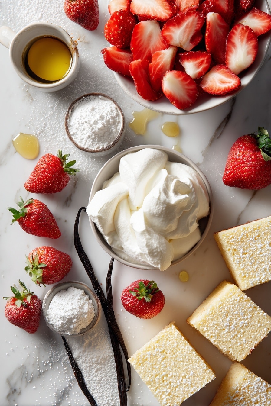 Flat lay of fresh bright red sliced strawberries, fluffy whipped cream with soft peaks, light golden sponge cake squares, small piles of powdered sugar dusting, a drizzle of melted butter glistening, and a few vanilla pods, all beautifully arranged on a white marble surface, photo taken with an iphone --ar 2:3 --v 7 - Strawberry Shortcake Sushi Roll, strawberry sushi dessert, fruit sushi recipes, fun dessert ideas, easy sweet sushi rolls