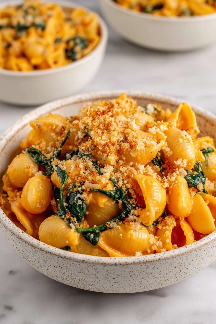 A bowl filled with shell-shaped pasta covered in a smooth, bright orange cheese sauce forms the base layer. Mixed throughout the pasta are wilted dark green spinach leaves and small pieces of light golden-brown cooked onion, adding texture and color contrast. The pasta mixture is topped with a layer of light crumbly golden breadcrumbs that add a crunchy texture. The bowl is white with a slight speckled design and sits on a white marbled surface, with two more similar bowls blurred in the background. Photo taken with an iphone --ar 2:3 --v 7 - Creamy Vegan Pumpkin Mac and Cheese, vegan pumpkin mac and cheese, plant-based pumpkin mac and cheese, dairy-free pumpkin mac and cheese, vegan fall comfort foods