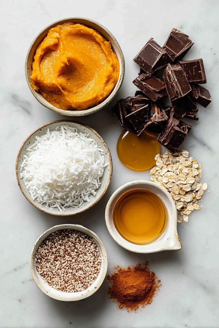 Flat lay of unsweetened shredded coconut, smooth pumpkin puree, rich dark chocolate chunks, a small pile of flaxseed meal, a tiny bowl of aquafaba, golden maple syrup in a delicate stream, a sprinkle of pumpkin pie spice, and a splash of vanilla extract artfully arranged with warm natural light, placed on a white marble surface, photo taken with an iphone --ar 2:3 --v 7 - Vegan Chocolate Dipped Pumpkin Macaroons, gluten-free fall treats, vegan pumpkin dessert recipes, healthy pumpkin snacks, chocolate-dipped coconut macaroons