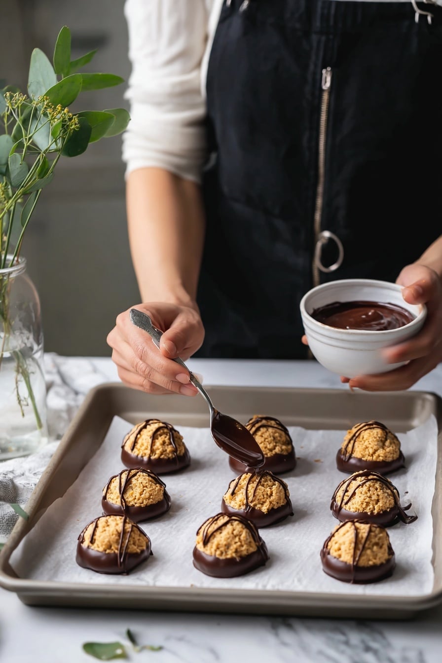 On a white baking tray lined with white parchment paper, there are eight dome-shaped cookies with a rough, golden-brown texture. The bottom half of each cookie is coated in dark chocolate, showing a smooth, shiny finish. A woman's hand is holding a small white bowl filled with thick, dark chocolate while the other woman's hand uses a small spoon to drizzle chocolate in thin lines over one cookie near the front center. The background shows a white marbled surface, and there is a clear glass vase with green leaves on the left side. The person is wearing a white top and black overalls with a silver ring zipper. photo taken with an iphone --ar 2:3 --v 7 - Vegan Chocolate Dipped Pumpkin Macaroons, gluten-free fall treats, vegan pumpkin dessert recipes, healthy pumpkin snacks, chocolate-dipped coconut macaroons