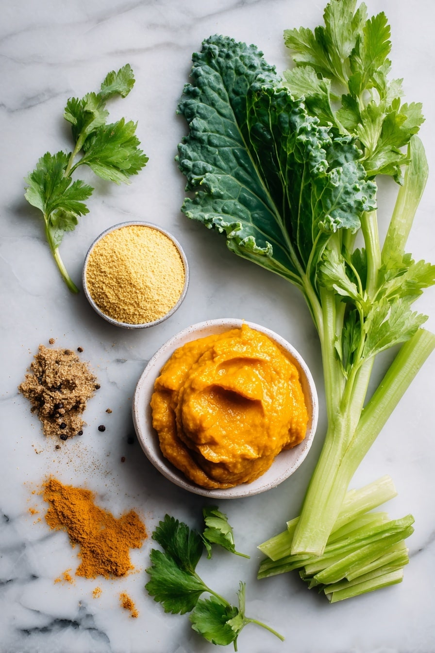 Flat lay of vibrant orange pumpkin puree dolloped next to a small mound of golden chickpea flour, fresh bright green kale leaf with stem, a crisp pale green celery stalk, scattered fresh cilantro leaves, aromatic yellow curry powder sprinkled alongside earthy cumin and coriander powders, all beautifully arranged with a touch of garlic and onion powders placed on a white marble surface, photo taken with an iphone --ar 2:3 --v 7 - Easy Pumpkin Chickpea Fritters, vegan gluten-free fritters, healthy pumpkin chickpea bites, quick vegan snacks, plant-based pumpkin fritters