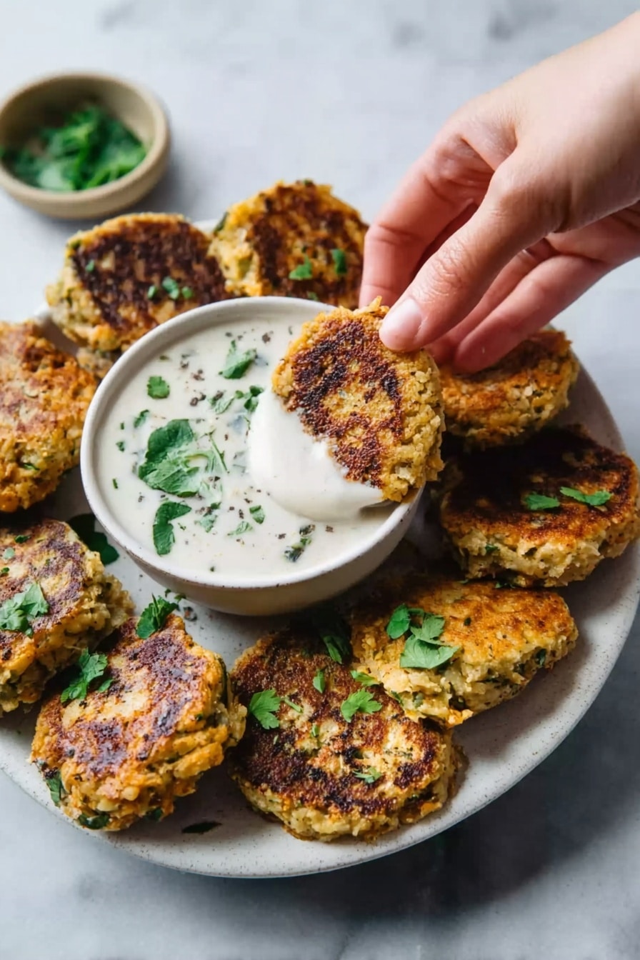 A white plate with several golden-brown patties sprinkled with green herbs, arranged around a small white bowl filled with creamy white sauce garnished with green herb leaves. A woman's hand is dipping one patty into the sauce. The background and surface are white marble, creating a clean look. Photo taken with an iphone --ar 2:3 --v 7 - Easy Pumpkin Chickpea Fritters, vegan gluten-free fritters, healthy pumpkin chickpea bites, quick vegan snacks, plant-based pumpkin fritters