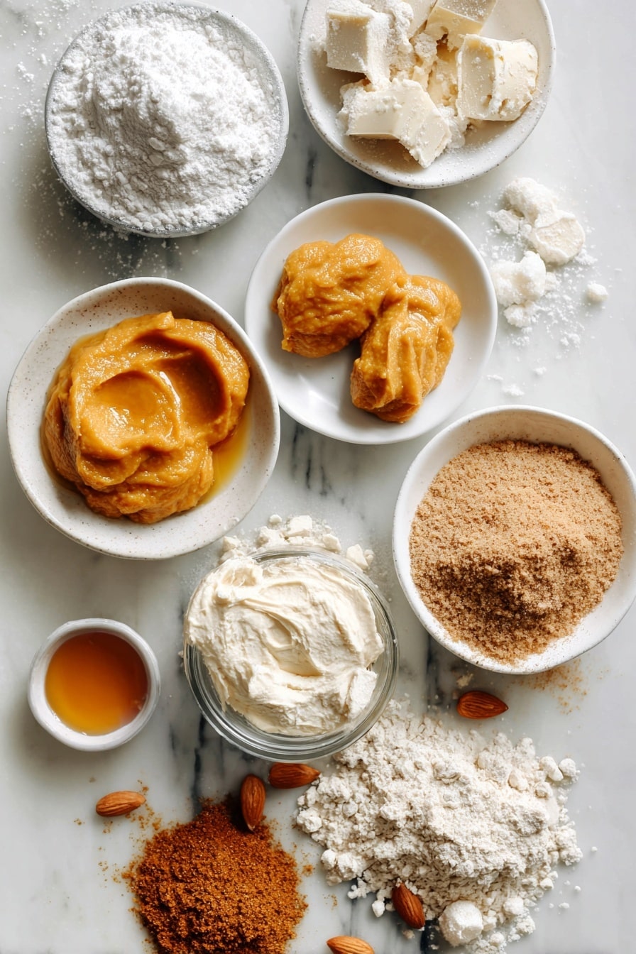 Flat lay of smooth pumpkin purée dollops, golden melted vegan butter pools, heaping piles of warm cinnamon and pumpkin pie spice, generous mounds of raw cane sugar and powdered sugar, a small bowl of creamy vegan cream cheese, scattered raw almond milk drops, and soft flour heaps artfully arranged, placed on a white marble surface, photo taken with an iphone --ar 2:3 --v 7 - Pumpkin Spice Pretzel Bites with Cream Cheese Dipping Sauce, fall snack recipes, pumpkin spice treats, easy pretzel bites, vegan appetizer ideas