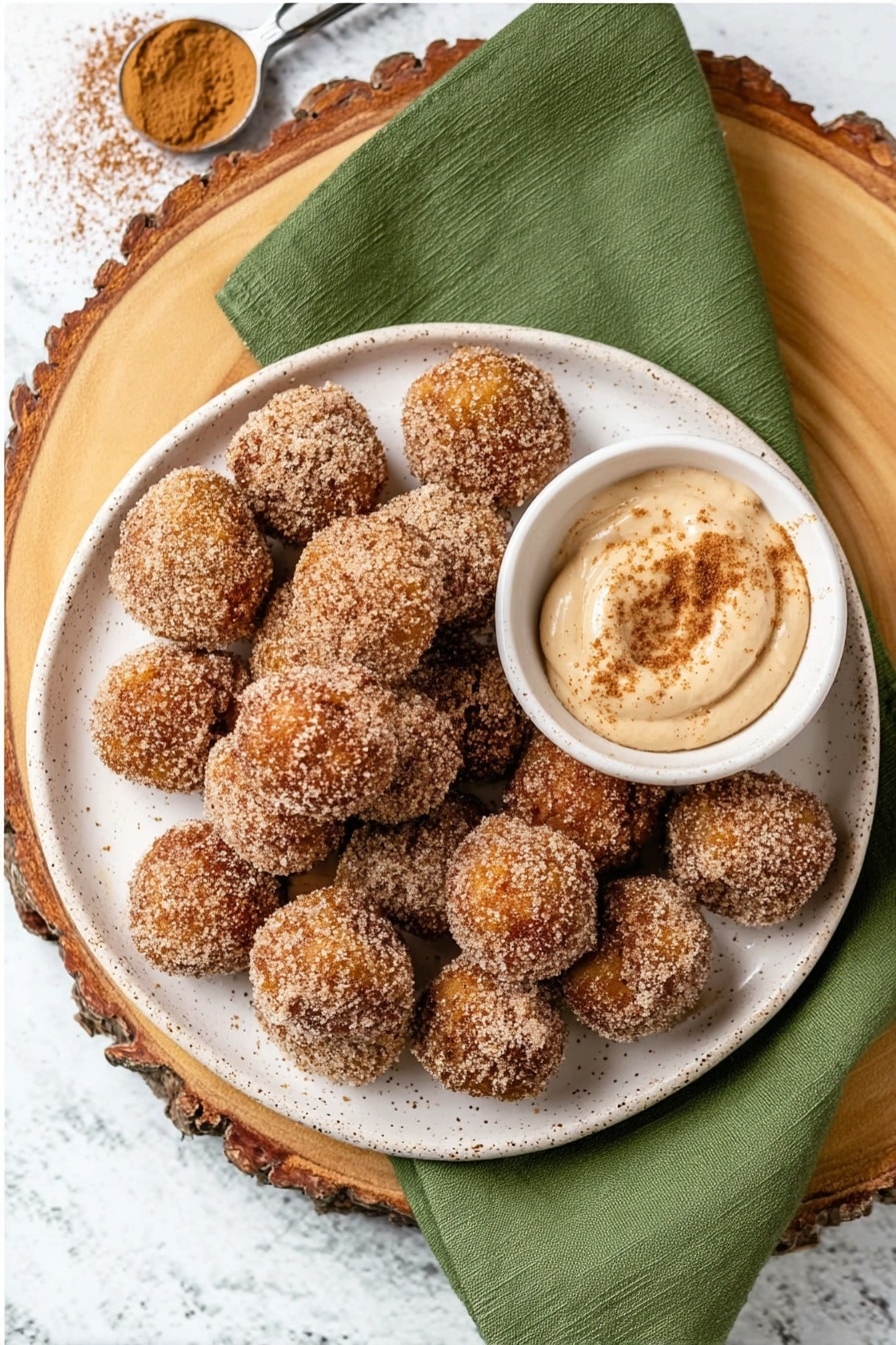 A close-up of a woman's hand dipping a small round donut hole into a small white bowl of light beige creamy sauce. The donut hole is coated with sugar and cinnamon, showing a grainy texture. The bowl sits on a white plate filled with more cinnamon sugar-coated donut holes, with a green cloth underneath the plate. The background has a white marbled texture. photo taken with an iphone --ar 2:3 --v 7 - Pumpkin Spice Pretzel Bites with Cream Cheese Dipping Sauce, fall snack recipes, pumpkin spice treats, easy pretzel bites, vegan appetizer ideas