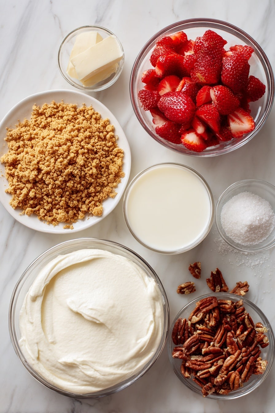 Flat lay of smooth cream cheese softened to creamy perfection, a small bowl of bright red finely chopped fresh strawberries, a heap of golden graham cracker crumbs, a pool of melted unsalted butter with a glossy shine, a scattering of toasted chopped pecans with rich brown tones, a small glass of thick heavy cream, and a sprinkle of granulated sugar sparkling gently, all beautifully arranged on a white marble surface, photo taken with an iphone --ar 2:3 --v 7 - Strawberry Crunch Cheesecake Tacos, cheesecake dessert ideas, fruity taco dessert, easy cheesecake recipes, crunchy strawberry dessert