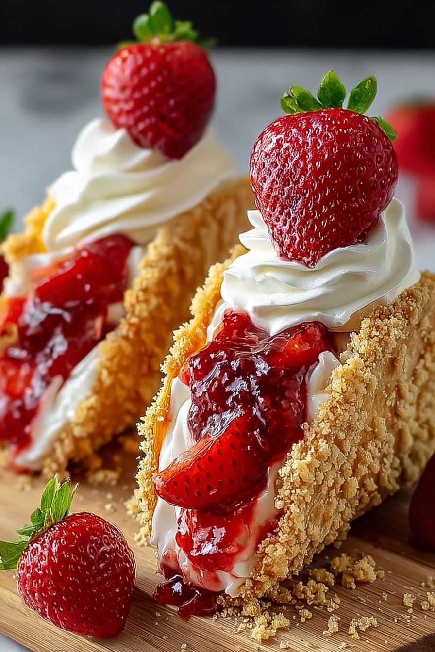 Two dessert tacos sit on a wooden board with a white marbled texture in the background. Each taco shell has a crumbly, golden-brown texture on the outside. Inside, there is a layer of white cream topped with bright red strawberry jam spilling slightly out of the shell. On top, a swirl of white whipped cream holds a fresh, halved strawberry with green leaves still attached. A whole strawberry rests nearby on the board. Photo taken with an iphone --ar 2:3 --v 7 - Strawberry Crunch Cheesecake Tacos, cheesecake dessert ideas, fruity taco dessert, easy cheesecake recipes, crunchy strawberry dessert