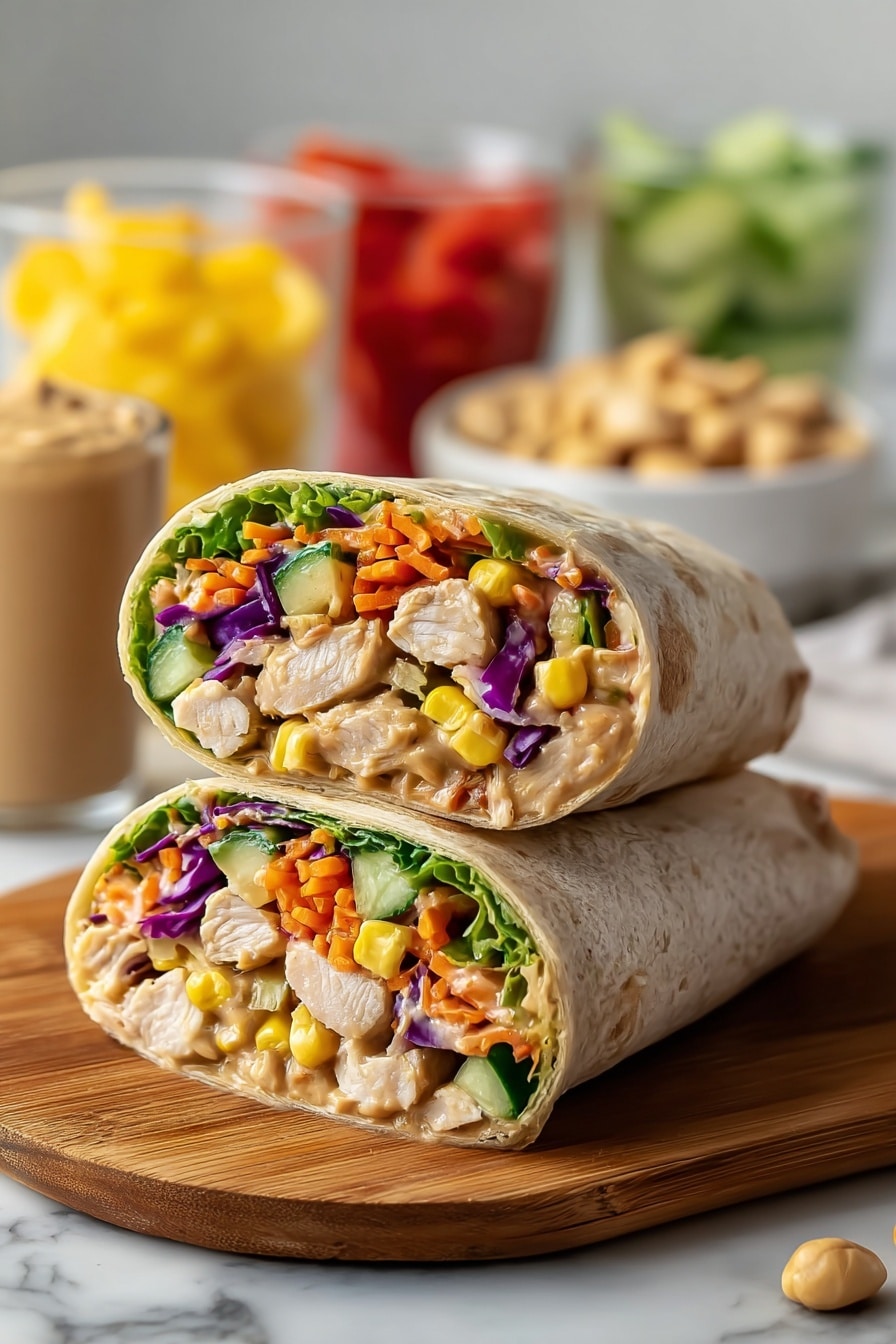 A close-up of a wrap cut in half, showing two layers stacked on a white marbled surface. Each half has multiple visible layers: a soft, lightly browned tortilla on the outside, then a creamy light tan sauce inside, followed by chunks of cooked chicken in light brown, fresh dark and light green lettuce, finely shredded bright orange carrot, thin strips of vibrant purple cabbage, small pieces of bright red bell pepper, and green cucumber. In the background, a small glass bowl holds extra sauce. The texture of the wrap is soft with slight grill marks. photo taken with an iphone --ar 2:3 --v 7 - Thai Peanut Chicken Wraps, Thai Chicken Wraps, Peanut Chicken Wraps, Quick Thai Wraps, Healthy Chicken Wraps