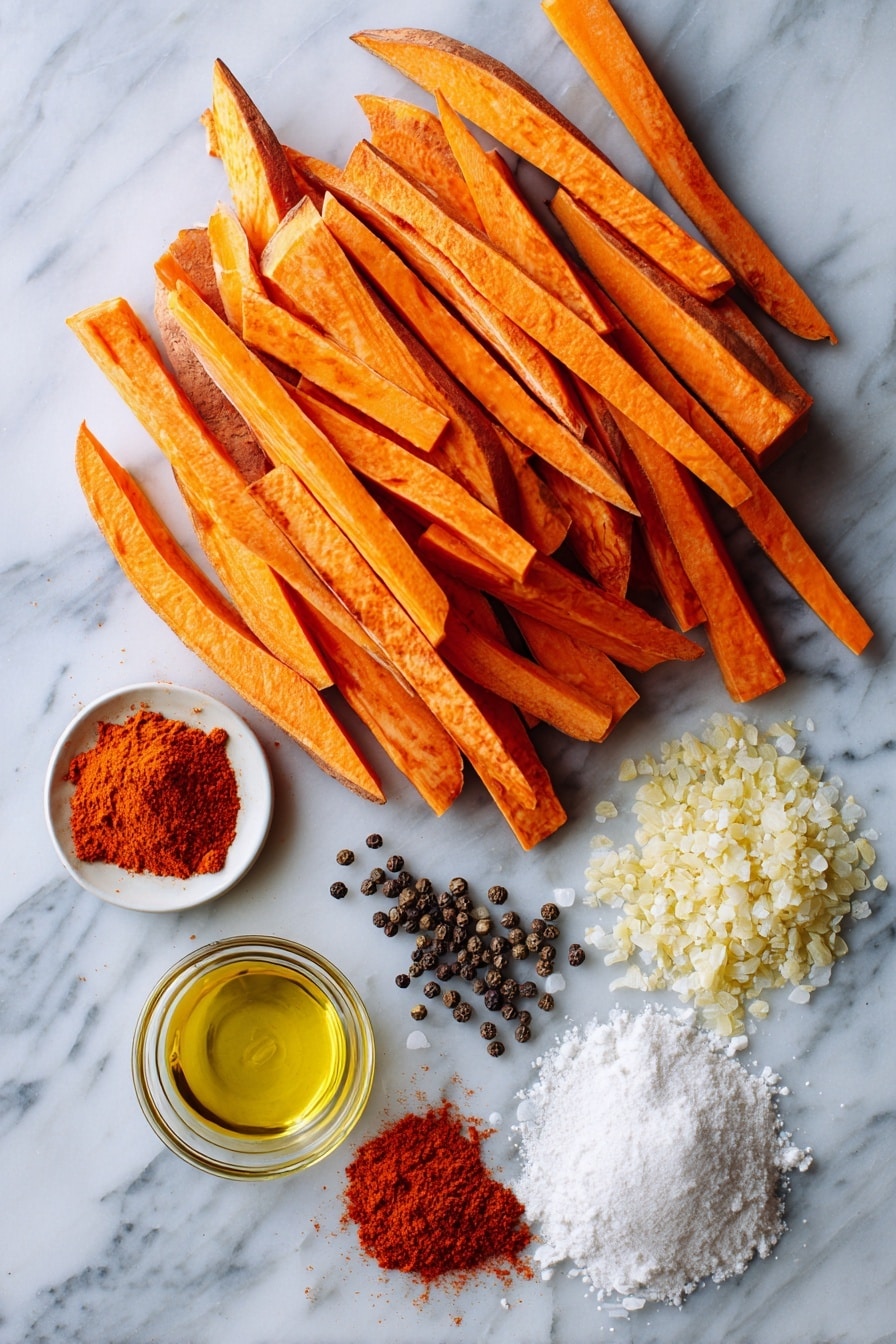 Flat lay of bright orange sweet potatoes cut into long fries, small piles of vibrant smoked paprika powder, pale yellow garlic powder, granules of coarse salt, scattered black peppercorns, a small mound of white cornstarch, and a drizzle of golden olive oil droplets, all beautifully arranged in an artistic pattern, placed on a white marble surface, photo taken with an iphone --ar 2:3 --v 7 - Crispy Oven Baked Sweet Potato Fries, healthy sweet potato fries, crispy baked fries, homemade sweet potato fries, oven baked fry recipe