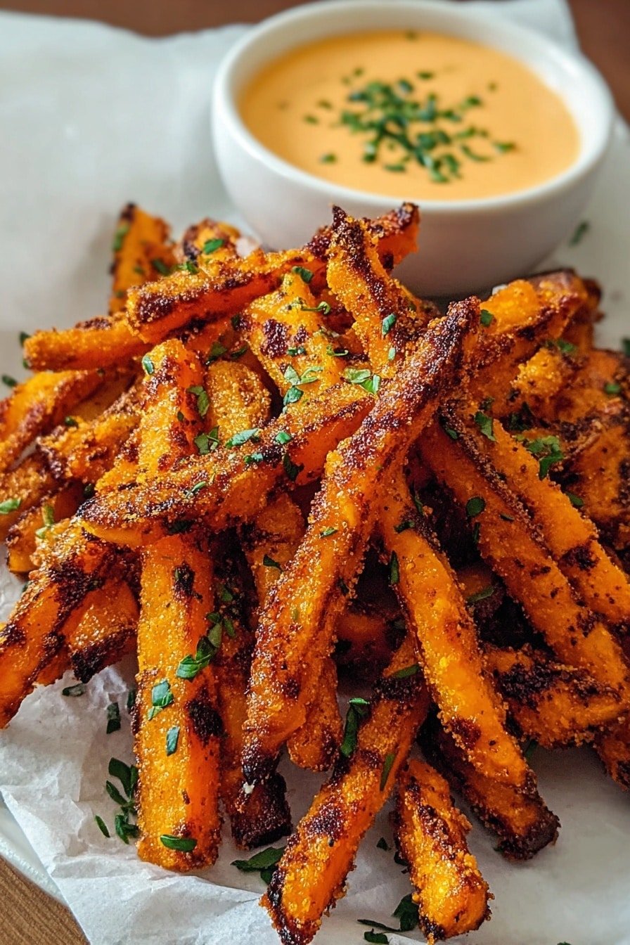 The image shows a pile of crispy orange fries with a rough, crunchy texture. The fries have dark brown grilled marks and some green herbs sprinkled on top. They are stacked in a small white plate lined with white parchment paper. At the back, there is a small white bowl filled with creamy light orange sauce garnished with chopped green herbs. All is placed on a white marbled surface. photo taken with an iphone --ar 2:3 --v 7 - Crispy Oven Baked Sweet Potato Fries, healthy sweet potato fries, crispy baked fries, homemade sweet potato fries, oven baked fry recipe