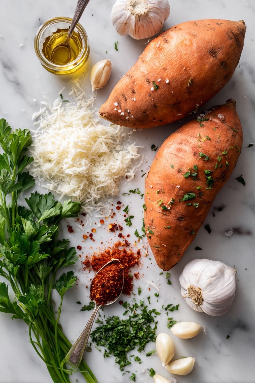 Flat lay of two large sweet potatoes, four cloves of minced garlic scattered, a small pile of grated Parmesan cheese, a few sprigs of fresh chopped parsley, a spoonful of smoked paprika powder, a dash of onion powder, and a pinch of red pepper flakes, all beautifully arranged with some whole garlic bulbs and olive oil droplets, placed on a white marble surface, photo taken with an iphone --ar 2:3 --v 7 - Garlic Parmesan Sweet Potato Wedges, crispy sweet potato wedges, healthy sweet potato snacks, baked sweet potato fries, easy savory veggie snack