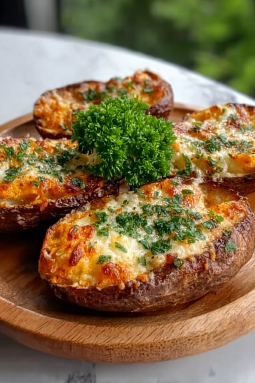 The image shows five thick wedges of roasted potato arranged in a line on a white marbled surface, served on a wooden tray. Each potato wedge has a golden-brown, crispy skin with charred edges and a soft, orange-yellow inside. The tops of the wedges are sprinkled with melted cheese, coarse white salt crystals, chopped fresh green parsley, and red chili flakes, adding texture and color contrast. The overall look is warm and inviting, with a close-up view that highlights the crispiness and seasoning on the potato wedges. Photo taken with an iphone --ar 2:3 --v 7 - Garlic Parmesan Sweet Potato Wedges, crispy sweet potato wedges, healthy sweet potato snacks, baked sweet potato fries, easy savory veggie snack