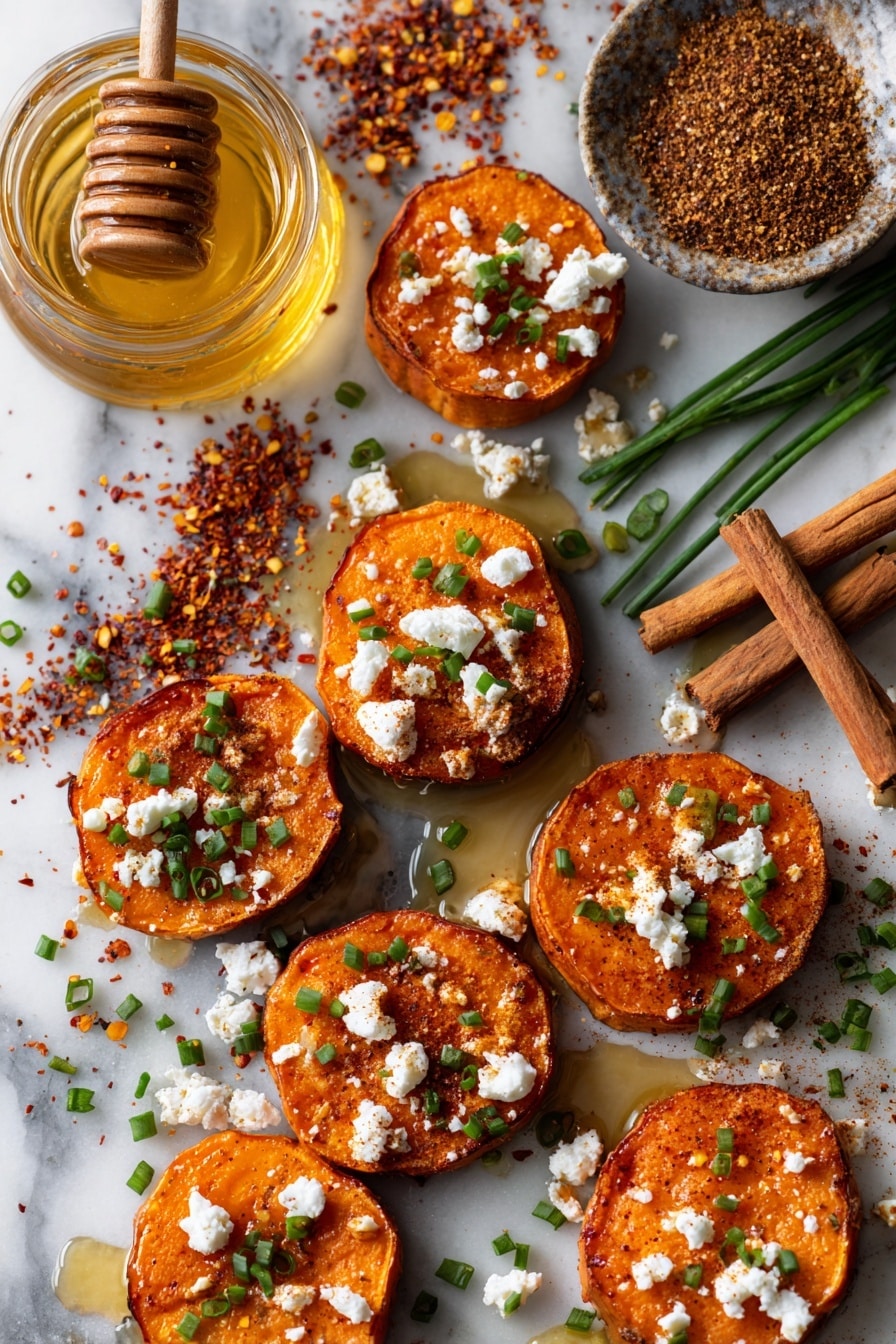 Flat lay of vibrant orange sweet potato rounds, golden honey drizzles glistening, crumbled white feta cheese scattered delicately, bright green chopped fresh chives, a small pile of warm brown cinnamon sticks, reddish smoked paprika powder dusted gently, tiny red pepper flakes sprinkled for a pop of color, and earth-toned ground cumin and coriander seeds arranged artfully, placed on a white marble surface, photo taken with an iphone --ar 2:3 --v 7 - Roasted Sweet Potatoes with Honey and Feta, sweet potato side dish, honey feta roasted sweet potatoes, healthy roasted sweet potato recipes, easy sweet potato snack