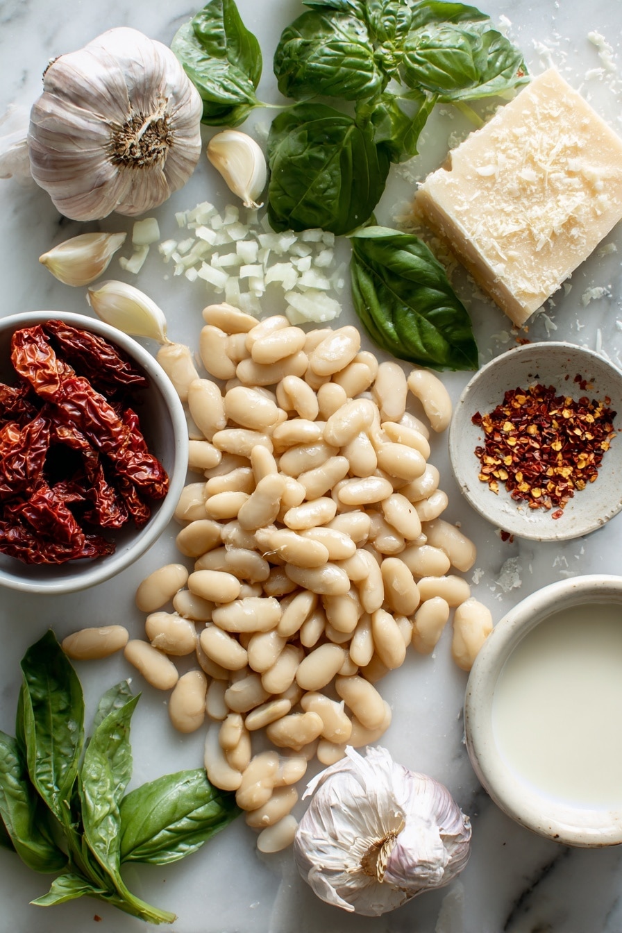 Flat lay of plump butter beans, chopped sun-dried tomatoes, fresh bright green basil leaves, diced translucent onion, peeled garlic cloves, a small heap of grated Parmesan cheese, a splash of creamy white heavy cream, and a scattering of red pepper flakes, all beautifully arranged with vibrant colors and natural textures, placed on a white marble surface, photo taken with an iphone --ar 2:3 --v 7 - Creamy Tuscan Butter Beans with Sun-Dried Tomatoes and Basil, vegetarian bean dishes, healthy bean recipes, comforting Italian side dish, vegan butter bean recipes