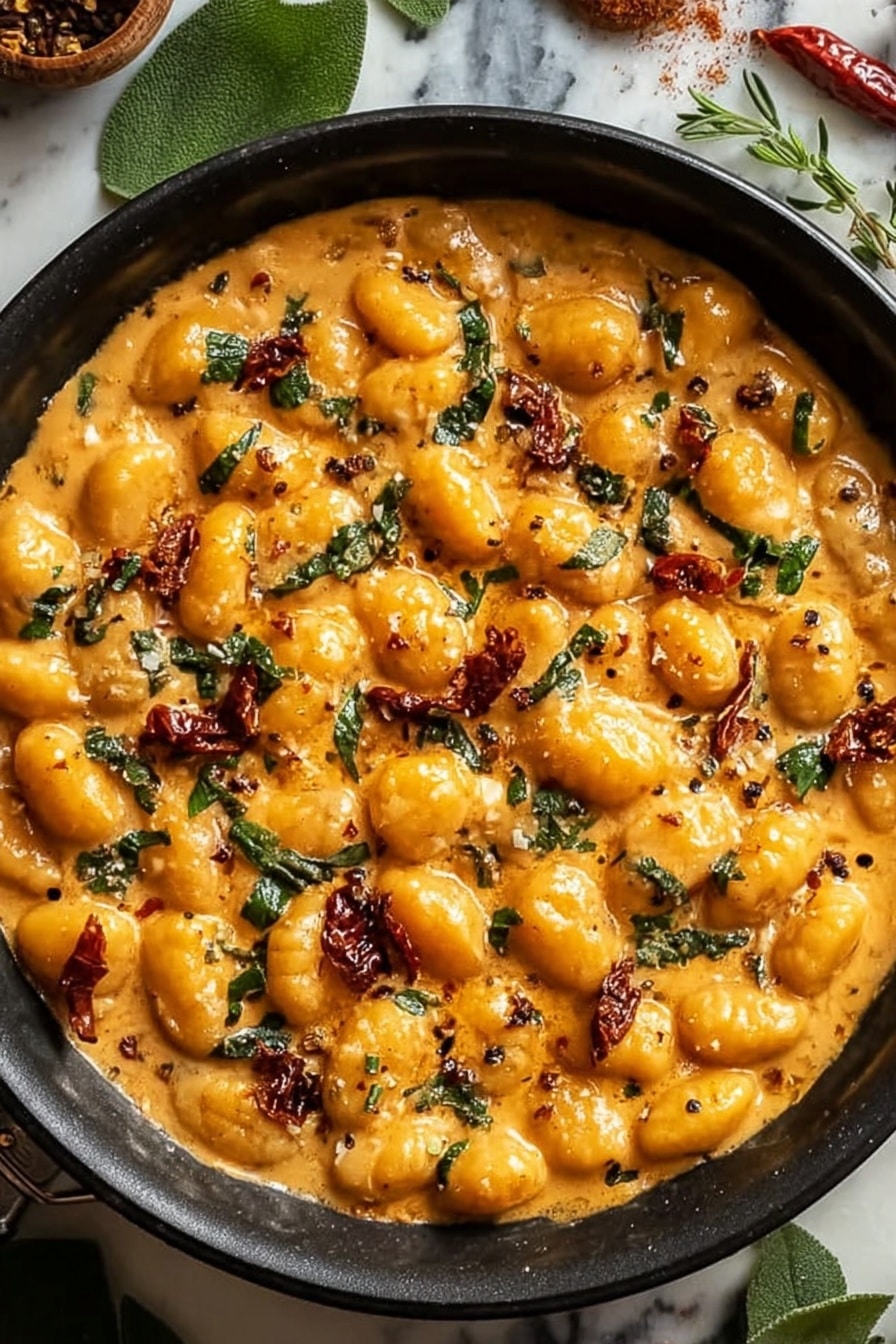 The image shows a close-up of a black skillet filled with creamy gnocchi in a thick orange sauce. The gnocchi are plump and covered in the sauce, which has a smooth texture with a slightly glossy finish. There are small green herb pieces sprinkled on top along with bits of dried red chili, adding contrast with bright green and deep red colors. The surface has some black pepper flakes scattered on it, creating a speckled effect. The skillet sits on a white marbled texture, with some green leaves and spices around the edges for decoration. Photo taken with an iphone --ar 2:3 --v 7 - Creamy Tuscan Butter Beans with Sun-Dried Tomatoes and Basil, vegetarian bean dishes, healthy bean recipes, comforting Italian side dish, vegan butter bean recipes