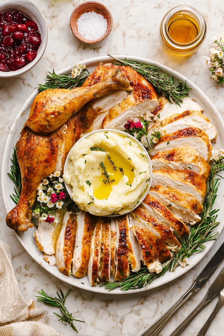 A whole raw chicken covered in a reddish seasoning sits in a metal roasting pan. The chicken has herbs and sliced white onions stuffed inside its cavity, with visible green leaves and bay leaves. Around the pan, there are small white dishes and bowls with coarse salt, green herbs, and more spices. A clear glass bowl with a yellow liquid and a brush rests near the chicken. The background is a white marbled surface with some scattered green herb leaves. Photo taken with an iphone --ar 2:3 --v 7 - Herb-Roasted Whole Turkey, Herb-Roasted Turkey Recipe, Juicy Roast Turkey, Holiday Turkey, Whole Turkey Cooking Tips