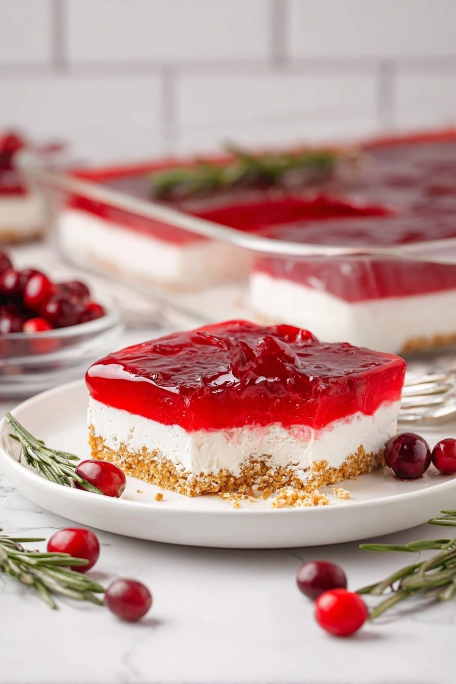 The image shows a square piece of dessert with three visible layers on a white plate. The bottom layer is a golden, crunchy crust with a rough texture. The middle layer is thick, creamy, and white, appearing soft and smooth. The top layer is a bright red jelly, clear and shiny, evenly spread and thick. A small piece has been lifted by a fork on the right side, showing texture in each layer. Fresh red cranberries and green rosemary sprigs are placed to the left on the plate and also scattered around the white marbled surface. In the background, a larger glass dish holds the rest of the dessert with a white tiled wall behind it, photo taken with an iphone --ar 2:3 --v 7 - Cranberry Pretzel Salad, Cranberry Pretzel Salad how to make, holiday cranberry pretzel dessert, easy cranberry pretzel dessert, salty and sweet pretzel salad
