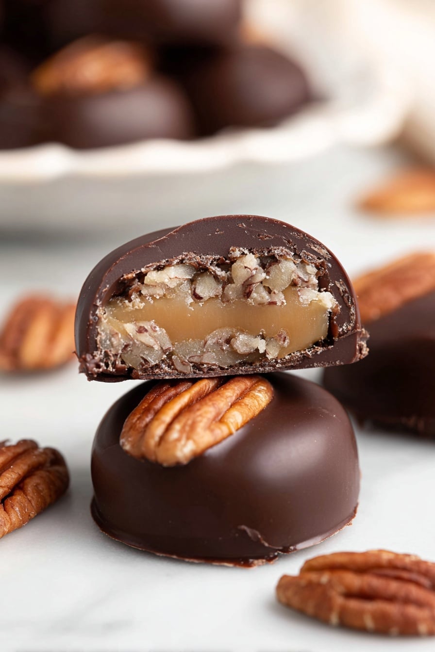A close-up view of a chocolate-covered round candy with three visible layers: a smooth, dark chocolate outer shell forming the first layer with a matte finish; the second layer revealed inside is a sticky, beige caramel filling mixed with small light brown bits, giving a soft texture; on top of the chocolate shell, there is half of a glossy light brown pecan piece. The candy sits on a white marbled surface, with additional whole pecans around and a blurred white plate with more of the same candies in the background. photo taken with an iphone --ar 2:3 --v 7 - Condensed Milk Pecan Balls with Chocolate Coating, pecan chocolate balls, homemade nutty chocolates, sweet condensed milk treats, easy holiday desserts