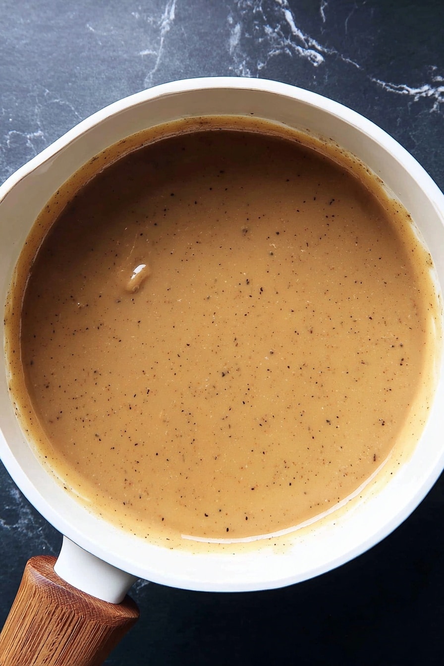 A white pot with a wooden handle holds a thick, smooth sauce with a light brown color and small black specks spread evenly throughout. The sauce fills the pot almost to the top, covering the bottom and sides with a glossy, rich texture. The pot is set on a surface that appears dark but has been imagined as white marbled texture. Photo taken with an iphone --ar 2:3 --v 7 - Turkey Gravy from Drippings, homemade turkey gravy, savory turkey gravy recipe, how to make turkey gravy, turkey gravy from pan drippings