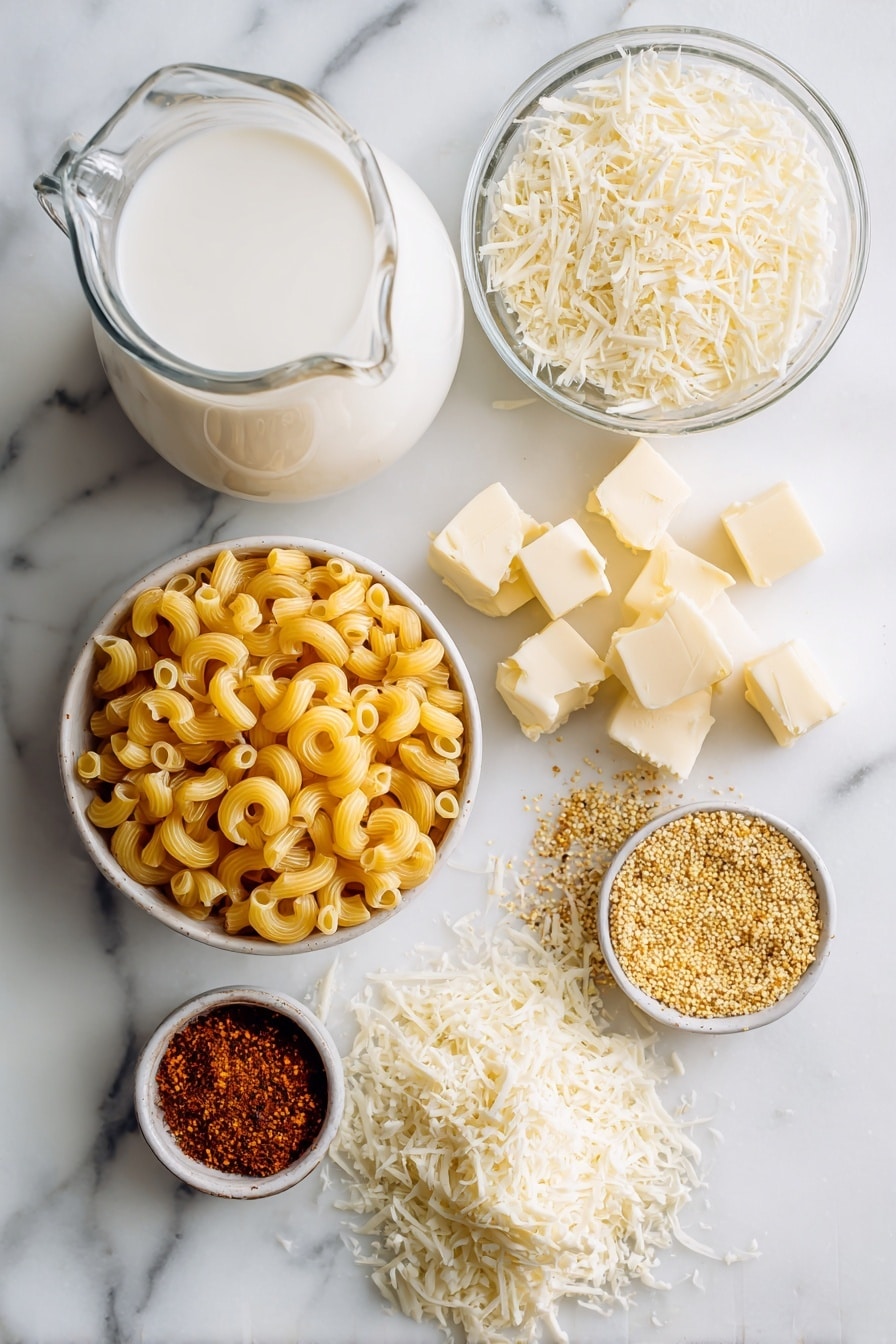 Flat lay of uncooked cavatappi pasta spirals, whole milk in a clear glass jug, fresh grated garlic cloves, smoked paprika powder in a small heap, ground mustard seeds, shredded white cheddar cheese piled loosely, golden panko bread crumbs, grated parmesan cheese sprinkled, and small cubes of creamy butter, all beautifully arranged and placed on a white marble surface, photo taken with an iphone --ar 2:3 --v 7 - Easy Baked Mac and Cheese, cheesy baked pasta, creamy mac and cheese, homemade baked mac and cheese, comfort food classics