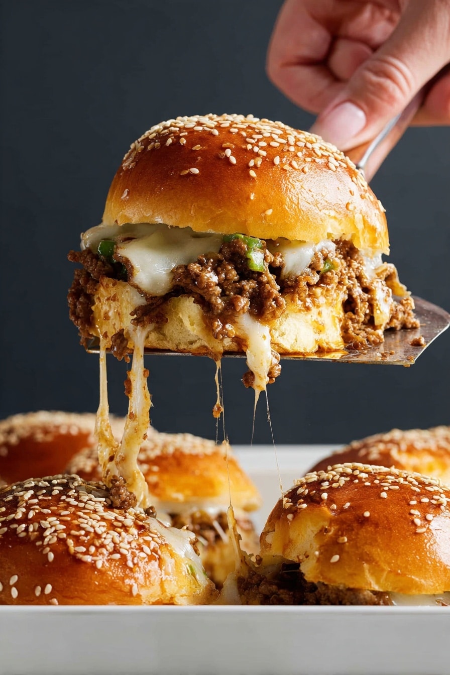 A sesame-seed topped golden brown bun is lifted by a woman’s hand holding a spatula, showing a thick filling of browned ground meat mixed with green pieces and melted cheese stretching in long strings below. The bun is soft and shiny, with the bottom bun holding the meat and cheese layer. The sandwich is being taken from a white tray with more similar sandwiches in the background, all set against a plain dark backdrop. photo taken with an iphone --ar 2:3 --v 7 - Cheesy Ground Beef Sliders, cheesy sliders recipe, easy ground beef sliders, juicy beef sliders, party slider recipes
