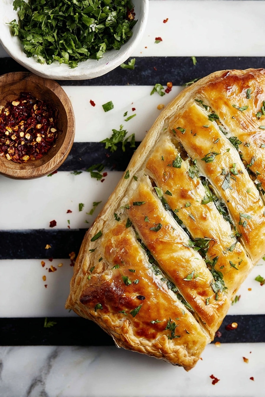A golden-brown pastry with flaky, layered crust and diagonal slits on top reveals a hint of green filling inside. The pastry is sprinkled with finely chopped fresh green herbs. It sits on a white marbled surface with bold black stripes. Near the pastry is a small white bowl containing chopped fresh green herbs and a wooden bowl filled with red chili flakes, both placed partially overlapping. Small bits of herbs are scattered around the pastry and bowls. photo taken with an iphone --ar 2:3 --v 7 - Salmon Wellington with Spinach and Mozzarella, Salmon Wellington, easy Salmon Wellington recipe, puff pastry salmon dish, gourmet Salmon Wellington
