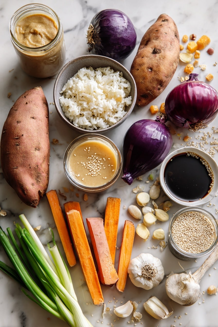 Flat lay of sweet potatoes, golden potatoes, bright orange carrots, wedges of deep purple red onion, whole garlic bulbs and peeled garlic cloves, a small bowl of creamy beige tahini, a jar of rich brown miso paste, a glass container of amber maple syrup, and a small dish of light golden rice vinegar, all beautifully arranged with scattered sesame seeds and fresh green scallions, placed on a white marble surface, photo taken with an iphone --ar 2:3 --v 7 - Miso Glazed Roasted Root Vegetables, roasted root vegetables with miso glaze, healthy miso vegetable side dish, flavorful root veggie recipes, vegan roasted root vegetables