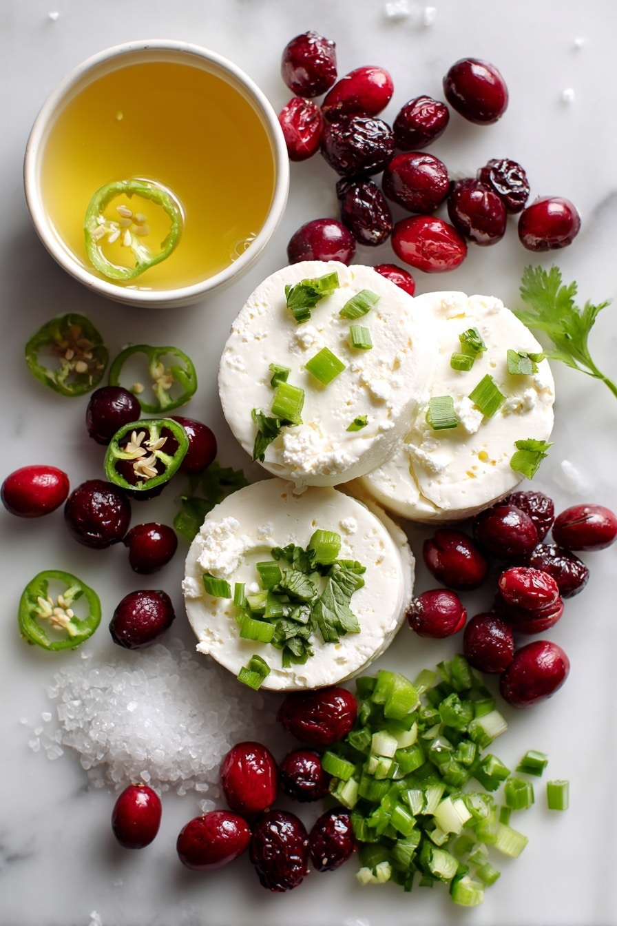Flat lay of smooth cream cheese dollops, vibrant fresh cranberries, finely diced bright green jalapeño peppers, sparkling granulated sugar crystals, fresh chopped cilantro leaves, a small pool of juicy lemon juice, and thinly sliced green onion rings, all beautifully arranged with vivid natural colors and textures placed on a white marble surface, photo taken with an iphone --ar 2:3 --v 7 - Cranberry Jalapeño Cream Cheese Dip, spicy cranberry dip, holiday appetizer, easy party dip, creamy fruit dip