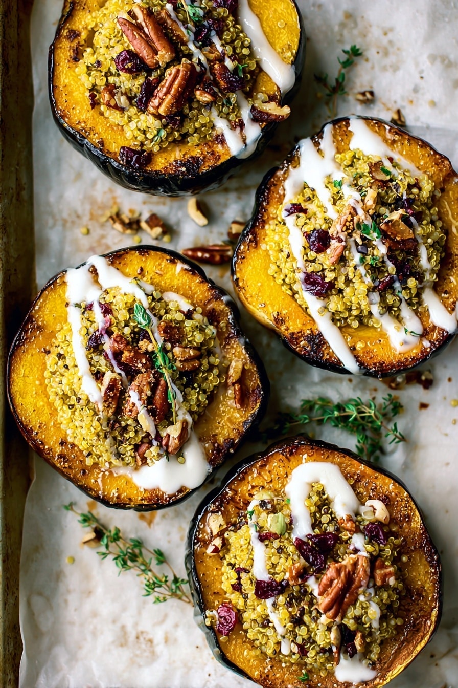 The image shows four halved acorn squashes roasted to a deep golden brown with slightly charred edges, placed on a white marbled baking tray. Each squash half is filled with a bright yellow quinoa mixture that has a fluffy texture, sprinkled with small red dried cranberries and whole pecan halves for a crunchy contrast. Light green thyme sprigs are scattered on top and around the squash for freshness. A white creamy sauce is drizzled over the quinoa in thin stripes, adding a smooth and shiny finish to each squash. Photo taken with an iphone --ar 2:3 --v 7 - Cranberry Pecan Quinoa Stuffed Acorn Squash, Stuffed Acorn Squash recipes, fall vegetarian main dishes, gluten-free squash recipes, festive holiday vegan dishes