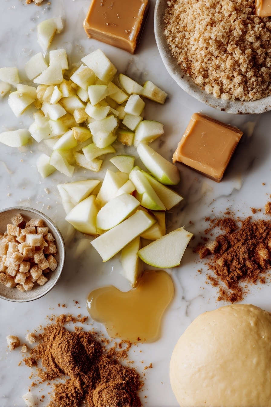 Flat lay of peeled and finely chopped apples, soft brown sugar crystals, warm cinnamon powder, smooth caramel candies, blocks of unsalted butter, golden refrigerated biscuit dough rounds slightly stretched, a small pile of cinnamon sugar crystals scattered nearby, and melted butter glistening in a small puddle, all beautifully arranged on a white marble surface, photo taken with an iphone --ar 2:3 --v 7 - Mouthwatering Caramel Apple Pie Bombs, caramel apple pie bombs, apple pie desserts, easy apple dessert recipes, caramel-filled treats
