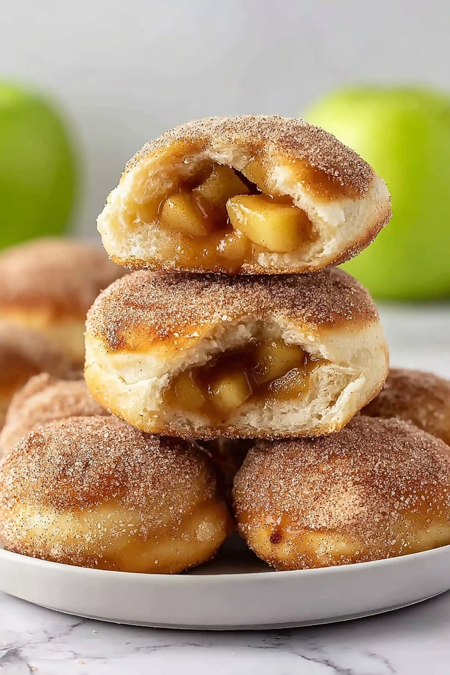 A stack of soft, round pastry buns covered in a layer of cinnamon sugar sits on a white plate with a white marbled background. The top bun is split open, showing juicy, golden apple chunks soaked in warm cinnamon sauce inside, with the fluffy, light tan dough surrounding the filling. The buns have a light golden brown color under the sugar and look slightly crispy on the outside, fluffy inside. A green apple is softly blurred in the background. Photo taken with an iphone --ar 2:3 --v 7 - Mouthwatering Caramel Apple Pie Bombs, caramel apple pie bombs, apple pie desserts, easy apple dessert recipes, caramel-filled treats