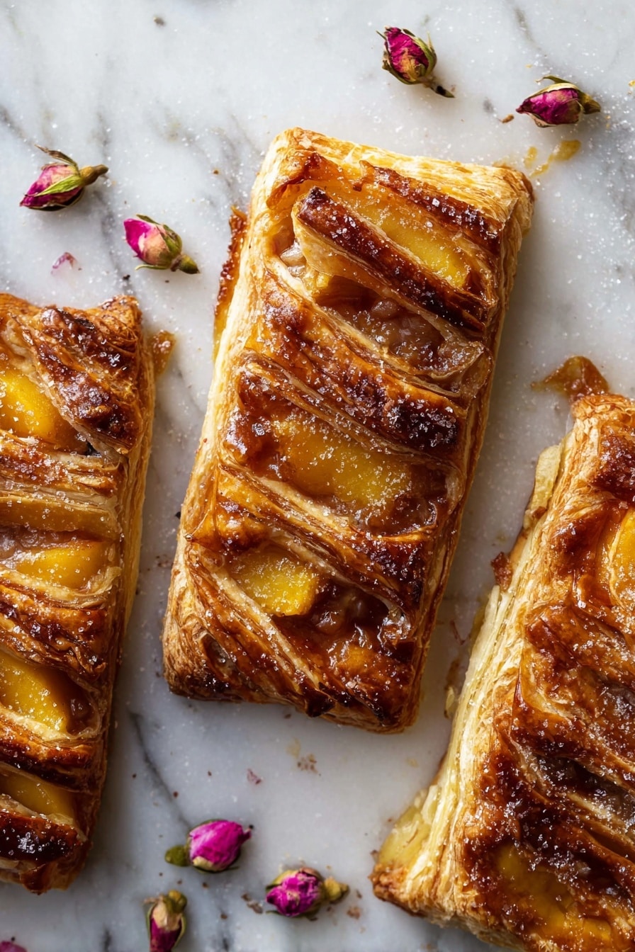 Three pieces of golden brown puff pastry are laid out on a white marbled surface with visible sugar crystals on top. Each piece has multiple flaky layers with a shiny, slightly caramelized surface. Inside the pastries, there are chunks of orange-colored fruit, likely cooked peaches, mixed with a glossy brown sauce that slightly spills over the edges. Dried small rosebuds are scattered around, adding a touch of color and decoration. The overall texture looks crisp and crunchy on the outside while soft and juicy inside photo taken with an iphone --ar 2:3 --v 7 - Apple Cinnamon Puff Pastry Braid, apple cinnamon dessert, puff pastry breakfast idea, easy fruit pastry, flaky apple pastry