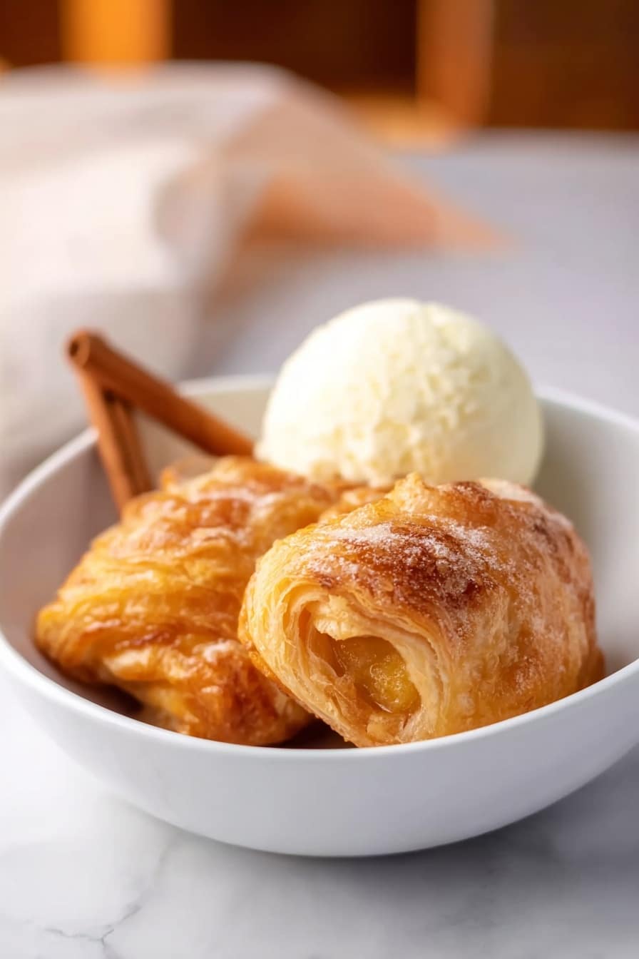 A white bowl holds two golden brown, flaky pastries with a shiny, slightly crispy crust. The pastries have visible layers and a soft texture inside. On top, slightly behind the pastries, there is a round scoop of vanilla ice cream, smooth and creamy white in color. Next to the bowl, a cinnamon stick rests on a white marbled surface. The background is softly blurred with warm light. photo taken with an iphone --ar 2:3 --v 7 - Easy Apple Dumplings with Mountain Dew Caramel Sauce, apple dumplings with mountain dew, quick apple dessert, caramel apple dessert, foolproof apple pie alternatives