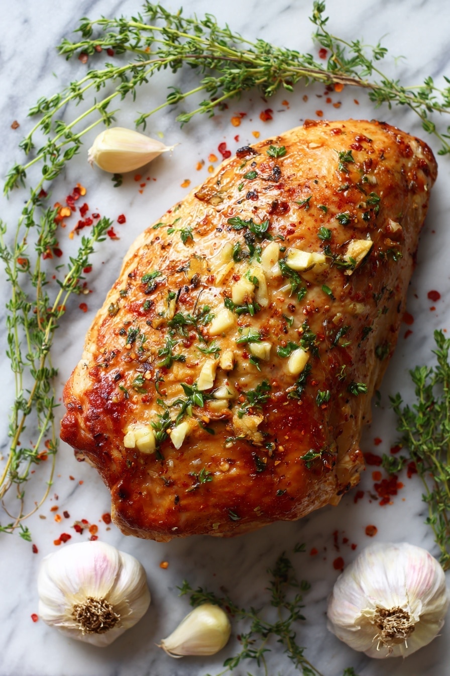 Flat lay of a bone-in turkey breast with golden skin, rich softened butter dotted with fresh minced garlic, sprigs of vibrant green thyme, and bright red paprika powder scattered artfully nearby, all arranged with a few whole garlic cloves and fresh thyme leaves, placed on a white marble surface, photo taken with an iphone --ar 2:3 --v 7 - Air Fryer Turkey Breast with Garlic and Thyme, turkey breast recipe, air fryer poultry, easy turkey dinner, healthy turkey recipes