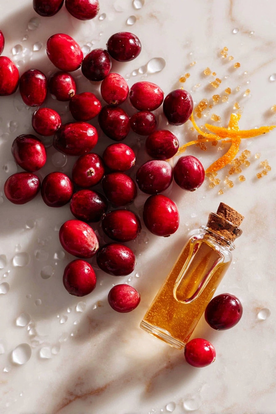 Flat lay of fresh bright red cranberries, a small pile of natural golden sweetener crystals, a few thin strips of vibrant orange zest, a small glass vial of rich vanilla extract with a tiny wooden cork, and a clear splash of water droplets scattered around, all beautifully arranged on a white marble surface, photo taken with an iphone --ar 2:3 --v 7 - Instant Pot Cranberry Sauce with Orange Zest and Vanilla, quick cranberry sauce, holiday cranberry sauce, easy Instant Pot sauce, fresh citrus cranberry recipe