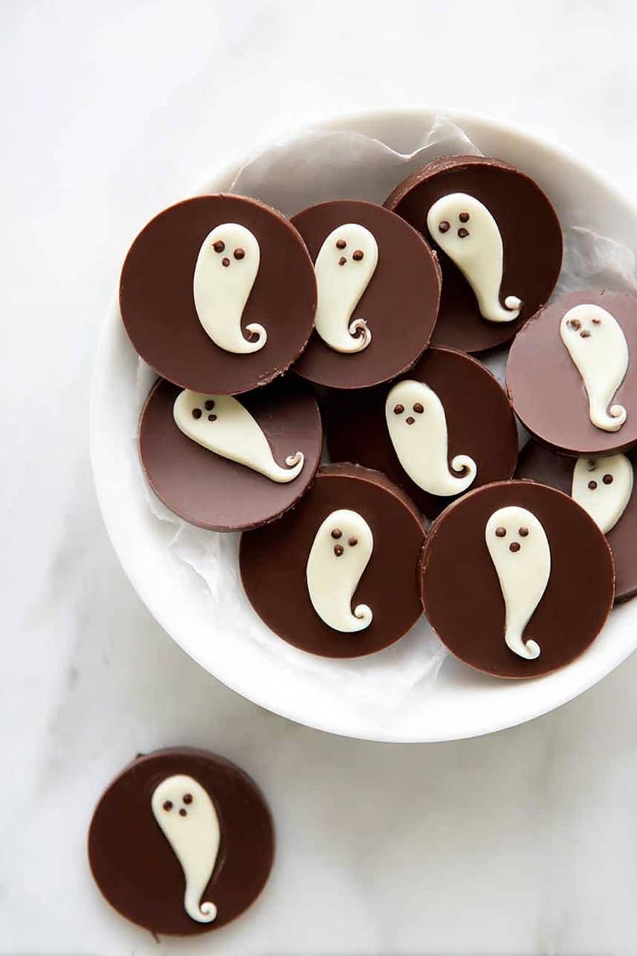 The image shows several round, dark brown chocolate discs arranged in a white bowl and on a white marbled surface, each disc decorated with a small white ghost-like figure made with swirled white chocolate. Each chocolate disc has one layer of smooth dark brown chocolate, topped with a single-layer white chocolate ghost shape that has small dark chocolate dots for eyes. The ghosts vary slightly in shape but all have a rounded head and a small tail-like extension. The scene is bright and clean, with the white bowl resting on a white marbled surface. Photo taken with an iphone --ar 2:3 --v 7 - 2-Ingredient Ghost Chocolate Cups, Halloween chocolate treats, easy no-bake dessert, ghost shaped chocolates, simple holiday sweets