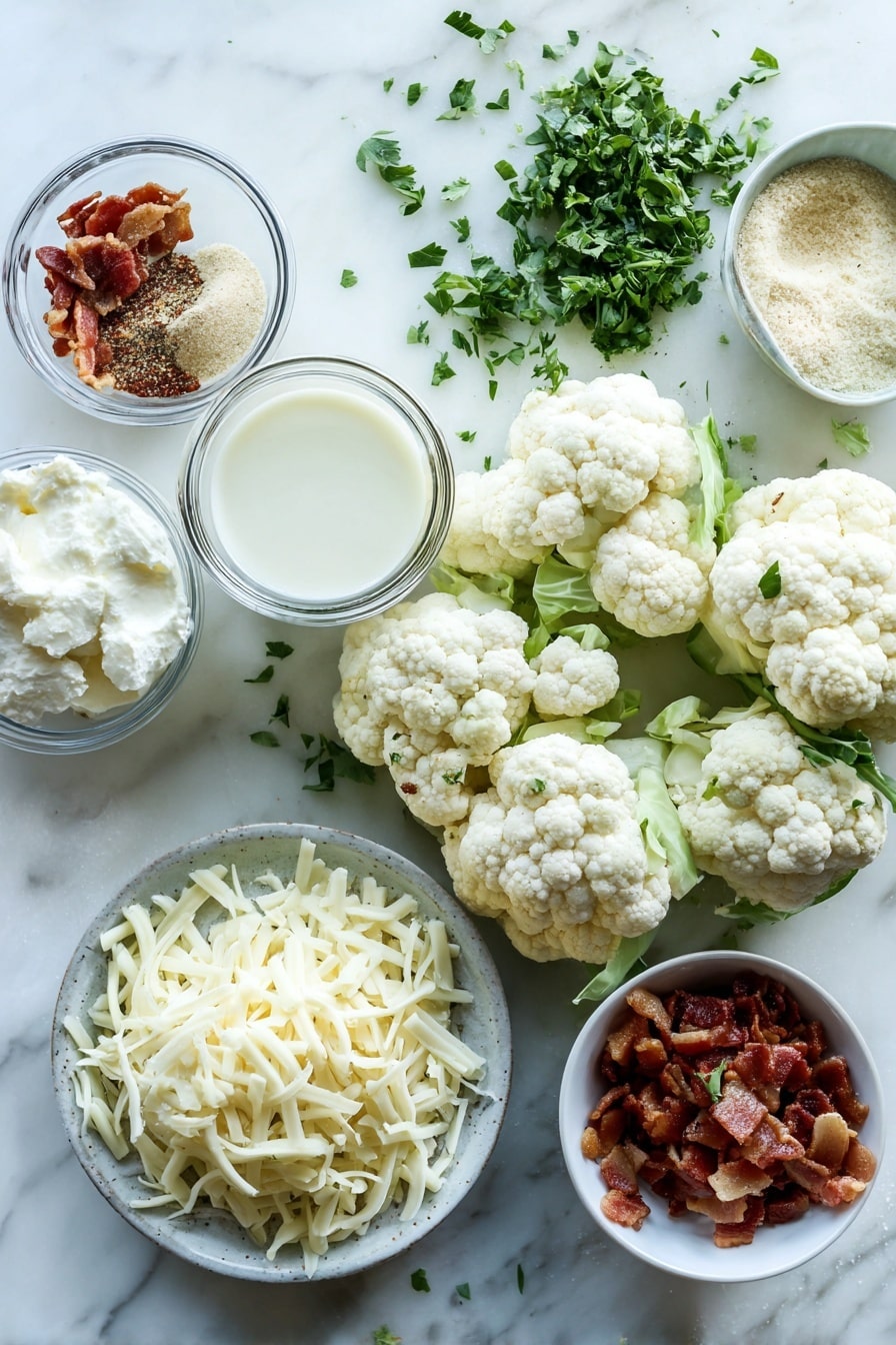 Flat lay of fresh cauliflower florets, soft cream cheese dollops, shredded mozzarella cheese piles, creamy half-and-half in a small glass, crispy chopped bacon pieces, and bright chopped parsley leaves, all beautifully arranged with a sprinkle of garlic powder and onion powder visible around, placed on a white marble surface, photo taken with an iphone --ar 2:3 --v 7 - Cauliflower Casserole with Cream Cheese, Bacon, and Mozzarella, keto cauliflower casserole, cheesy cauliflower bake, low-carb cauliflower recipes, bacon cauliflower casserole