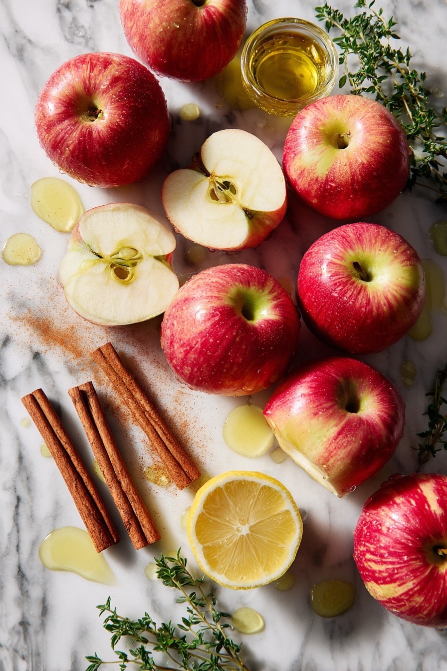 Flat lay of bright red and green Macintosh apples, some whole and some quartered with cores removed, a small pile of warm brown cinnamon sticks, a fresh lemon half with vibrant yellow flesh, and a few sprigs of green herbs scattered around, all carefully arranged with drops of lemon juice glistening on the fruit, placed on a white marble surface, photo taken with an iphone --ar 2:3 --v 7 - Slow Cooker Homemade Applesauce, easy applesauce recipe, healthy applesauce, natural homemade applesauce, cinnamon applesauce