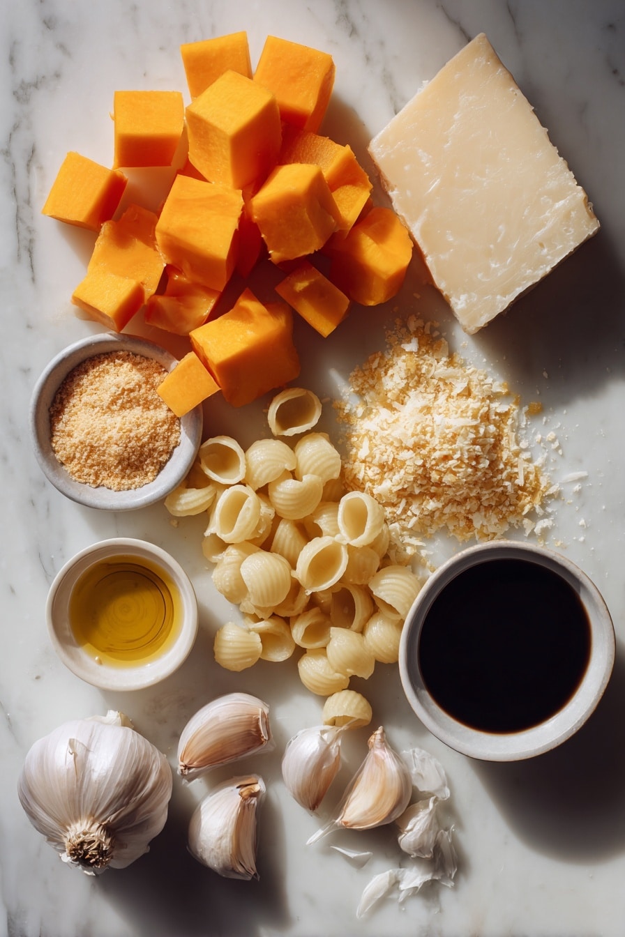 Flat lay of vibrant cubed butternut squash, peeled garlic cloves, roughly chopped shallots, shell pasta, grated sharp cheddar cheese, grated creamy Gruyere cheese, finely grated Pecorino cheese, glistening balsamic vinegar in a small puddle, and golden panko breadcrumbs brushed with olive oil, all beautifully arranged with natural light highlighting their textures and colors, placed on a white marble surface, photo taken with an iphone --ar 2:3 --v 7 - Butternut Squash Mac and Cheese, healthy mac and cheese with butternut squash, creamy butternut squash pasta, cozy winter comfort food, cheesy squash pasta dish