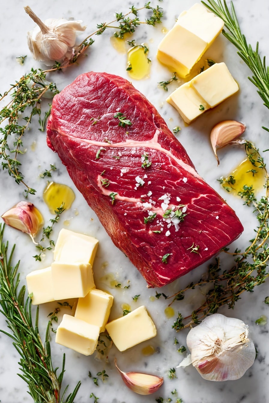 Flat lay of a large raw beef tenderloin roast with deep red color and marbling, surrounded by soft golden butter slices mixed with finely chopped fresh rosemary and thyme leaves, scattered whole garlic cloves and some minced garlic, fresh rosemary and thyme sprigs, and a small drizzle of olive oil pooling softly nearby, placed on a white marble surface, photo taken with an iphone --ar 2:3 --v 7 - Garlic Butter Herb Beef Tenderloin, beef tenderloin with garlic and herbs, elegant beef centerpiece, easy gourmet beef recipe, tender beef dinner ideas