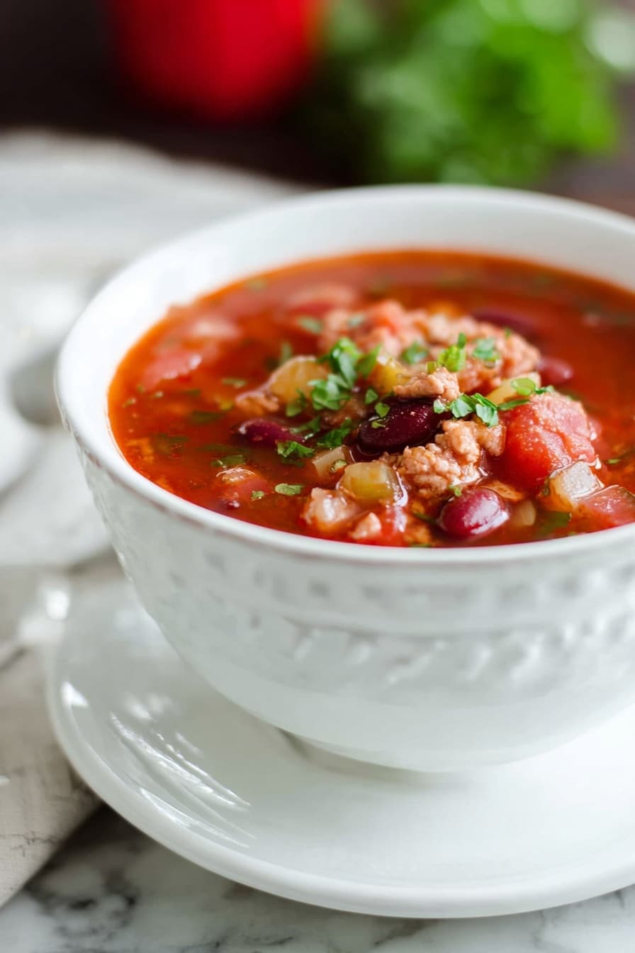 A white bowl with a round embossed pattern is filled with thick red tomato soup mixed with chunks of light pink meat, dark red beans, and diced pale vegetables. The soup is topped with finely chopped bright green herbs. The bowl sits on a matching white plate, placed on a white marbled surface. The background is blurred with hints of red and green colors. Photo taken with an iphone --ar 2:3 --v 7 - Slow Cooker Beet Chili, beet chili recipe, hearty vegan chili, healthy ground turkey chili, colorful vegetable chili