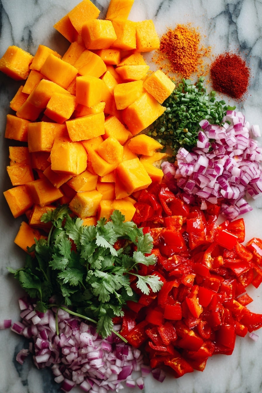 Flat lay of vibrant diced butternut squash, chopped red bell peppers, fresh cilantro sprigs, bright red diced tomatoes with juice, aromatic red onions, minced garlic cloves, deep red chili powder, and rich ground cumin seeds beautifully arranged in a natural, colorful pattern, placed on a white marble surface, photo taken with an iphone --ar 2:3 --v 7 - Butternut Squash Chili, hearty chili with butternut squash, healthy chili recipes, easy vegetarian chili, spicy squash chili