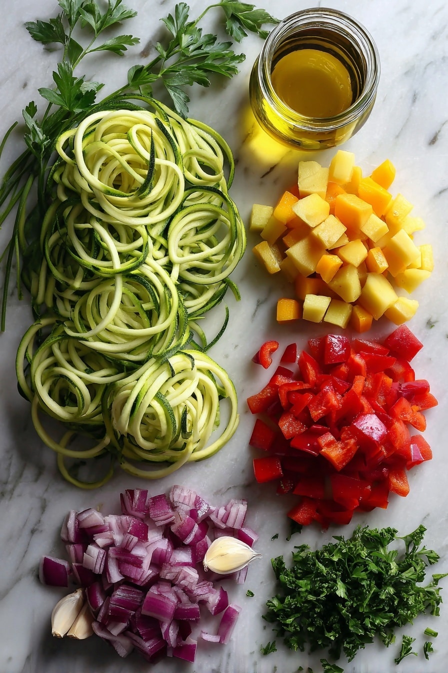 Flat lay of bright green zucchini noodles coiled neatly next to vibrant red bell pepper chunks, small reddish-purple red onion pieces, golden-red diced red potatoes, fresh sprigs of green Italian parsley, and peeled garlic cloves arranged artfully with a small glass jar of golden olive oil, placed on a white marble surface, photo taken with an iphone --ar 2:3 --v 7 - Zucchini Noodle Soup, healthy zucchini soup, quick zucchini noodle recipes, light vegetable soup, nourishing zucchini soup