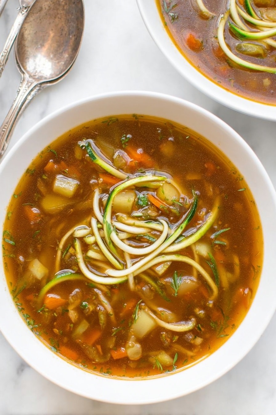 A close-up of a white bowl filled with hot hot and sour soup showing around five long white noodle strands floating on top and mixed with small pieces of mushrooms, tofu, green onions, and red pepper bits. The soup has a dark brown broth with a glossy surface and some green herbs sprinkled on top. The bowl is placed on a white marbled surface. Photo taken with an iphone --ar 2:3 --v 7 - Zucchini Noodle Soup, healthy zucchini soup, quick zucchini noodle recipes, light vegetable soup, nourishing zucchini soup
